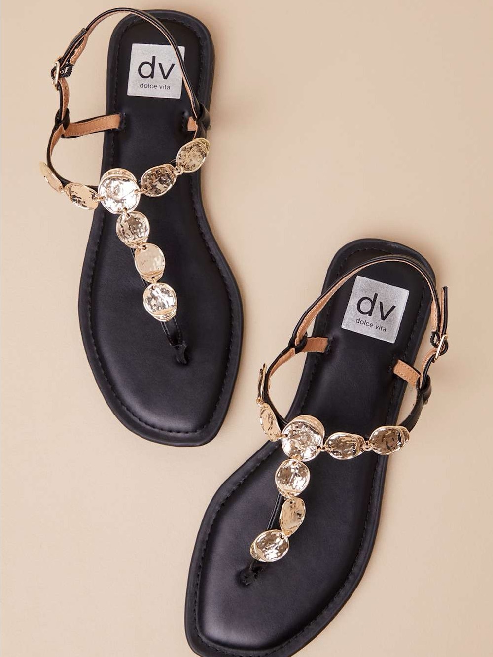Dolce Vita Black Jamie Thong Slingback Sandals with Gold Disc Embellishments